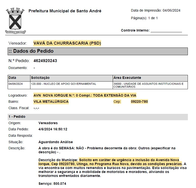 Documento de Recapeamento da Avenida Nova Iorque